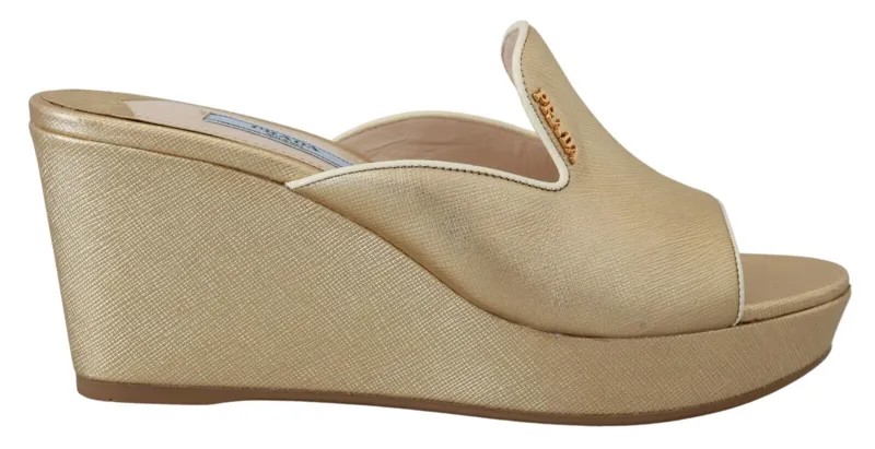 PRADA Shoes Сандалии на танкетке Золотые кожаные без шнуровки женские EU37 / US6.5 980usd