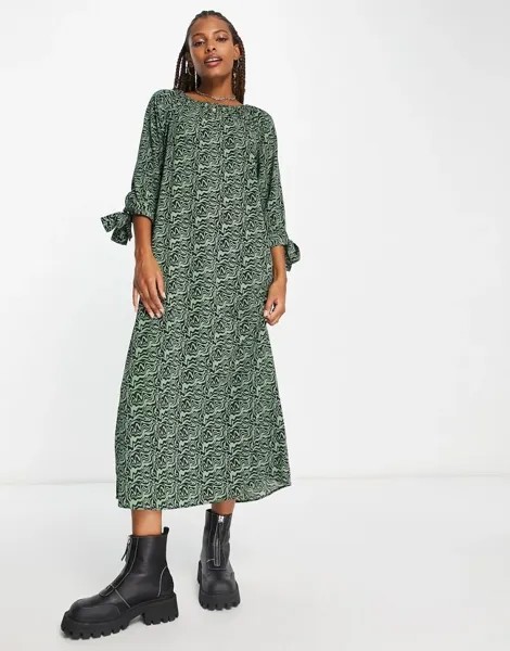 Зеленое свободное платье миди Monki с завязанными рукавами