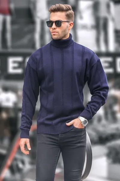 Мужской свитер стандартного кроя темно-синего цвета с водолазкой 6834 MADMEXT