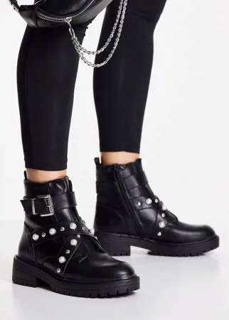 Черные ботинки на плоской подошве с заклепками из искусственного жемчуга New Look-Черный цвет