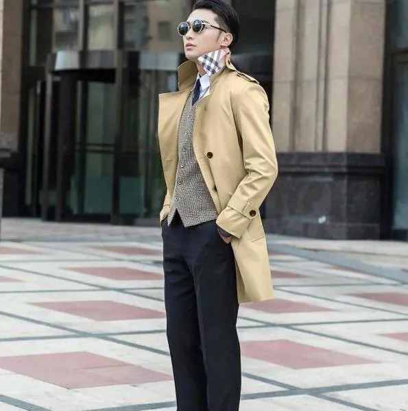 Мужской облегающий плащ, длинное двубортное пальто в деловом стиле
