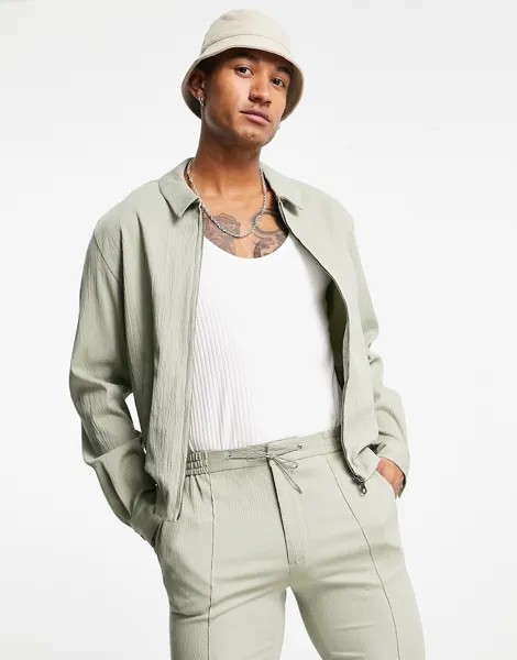 Шалфейно-зеленая строгая куртка Харрингтон от комплекта из жатой ткани ASOS DESIGN-Зеленый цвет