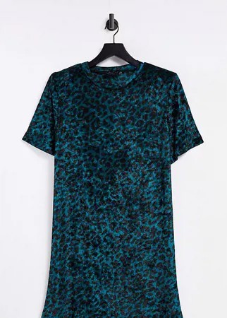 Темно-бирюзовое бархатное платье-футболка мини с подплечниками, короткими рукавами и леопардовым принтом ASOS DESIGN Tall-Зеленый