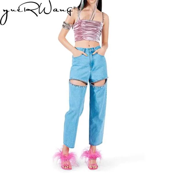 Женские джинсы в стиле ретро YUERWANG, голубые прямые джинсовые брюки до щиколотки с высокой талией и вырезами из бисера, лето 2022