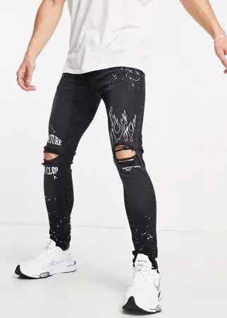 Черные джинсы узкого кроя с рваной отделкой на коленях и с вышивкой The Couture Club-Черный цвет
