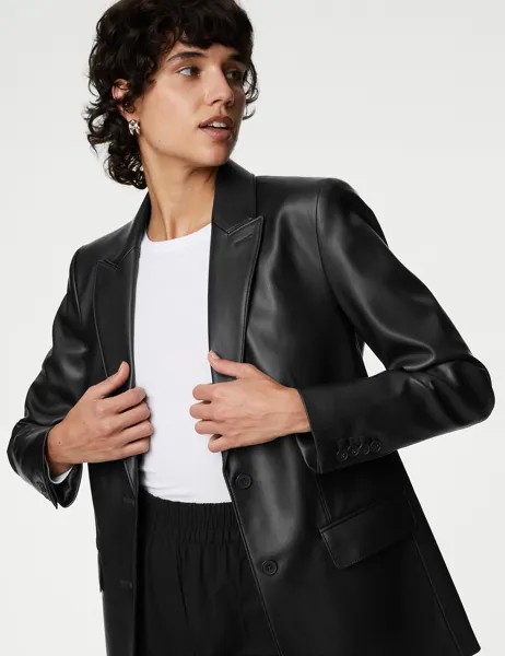 Однобортный пиджак из искусственной кожи Marks & Spencer, черный