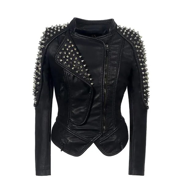 Женская модная байкерская куртка из искусственной кожи с шипами, Женская Черная Куртка на плечо с заклепками в стиле панк размером 6XL