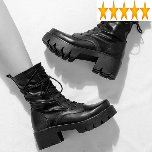 Женские ботильоны на платформе в стиле панк, высокие ботинки на толстой шнуровке, зимняя Байкерская защитная обувь из натуральной кожи с флисовой подкладкой и блочным каблуком