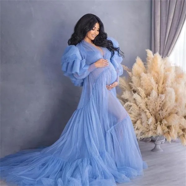Голубое пушистое платье для беременных Тюлевое многослойное платье для фотосъемки прозрачное длинное платье для беременных платье для будущей мамы с рукавами на заказ