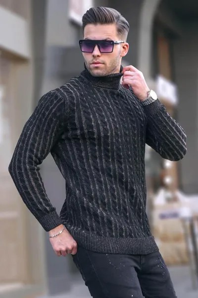 Черный вязаный свитер с высоким воротником и детальной отделкой 6317 MADMEXT