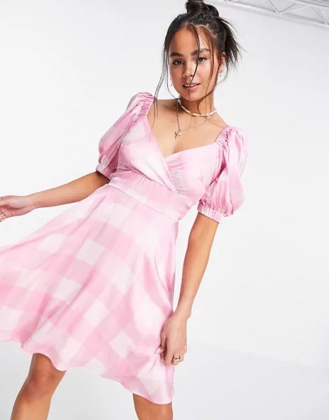 Платье мини в стиле бэбидолл в крупную клетку розового цвета Twisted Wunder-Multi