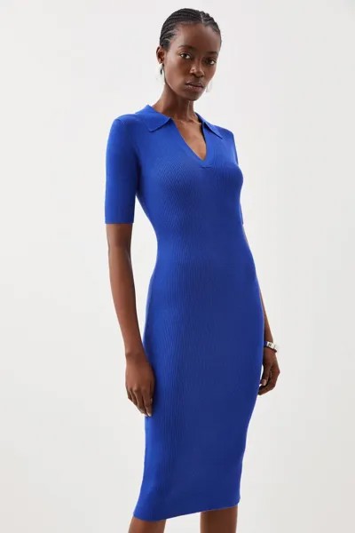 Трикотажное платье миди в рубчик с воротником из вискозы Karen Millen, синий