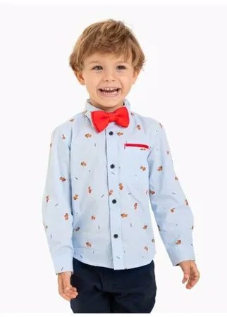 Голубая рубашка с новогодним принтом и галстуком-бабочкой для мальчика Gloria Jeans, размер 2-3г/98