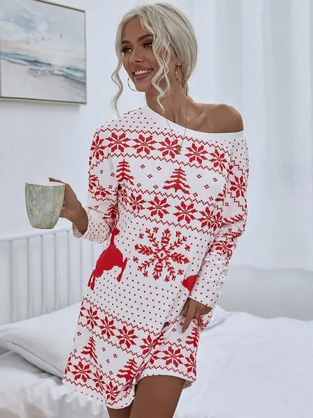 Milanoo Knitted Dress For Women Charming Printed Jewel Neck Long Sleeves Polyester Stretch Christmas