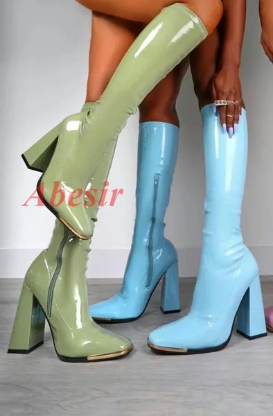 Однотонные кожаные блестящие эластичные сапоги до колена с боковой молнией и круглым носком, женская обувь на толстом высоком каблуке, зеленые, синие
