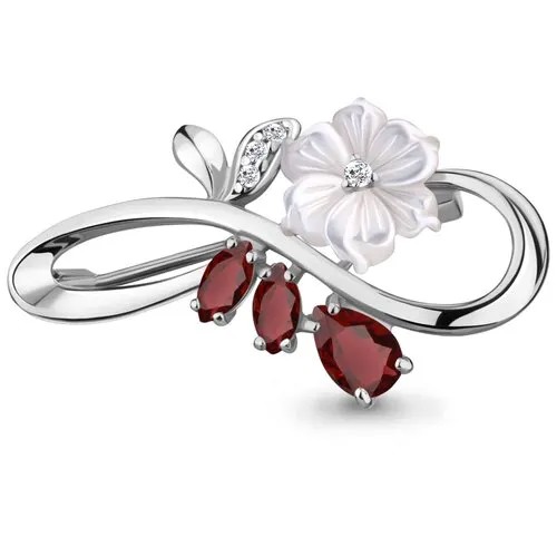 Серебряная брошь Aquamarine А7735503А с фианитом, гранатом и перламутром
