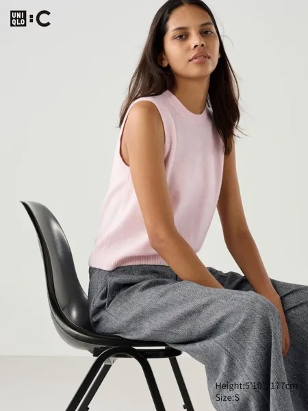 Короткий джемпер с круглым вырезом из кашемира без рукавов Uniqlo, розовый
