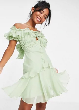 Мятное платье-мини со спущенными плечами, оборками и застежкой на пуговицах ASOS DESIGN Petite-Зеленый цвет