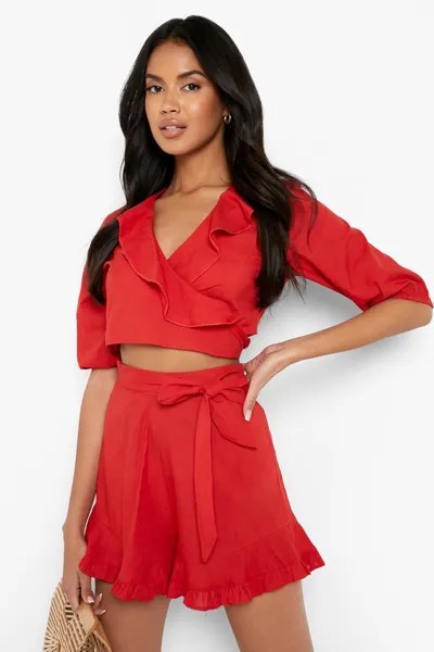 Шорты с запахом спереди и оборками Boohoo, красный