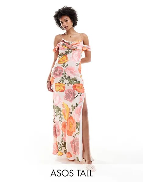 ASOS DESIGN Tall Exclusive – Платье макси с бретелями, драпированным вырезом и открытыми плечами с узором 3р