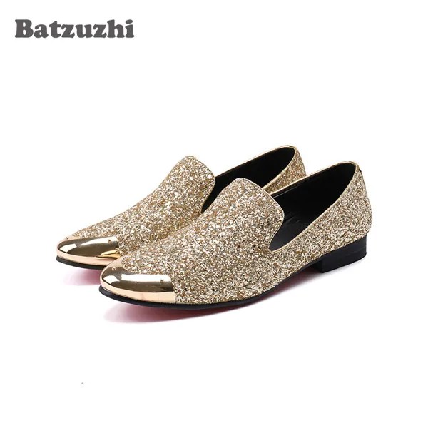 Batzuzhi роскошные мужские туфли с металлическим носком золотые блестящие кожаные классические туфли Лоферы мужские на плоской подошве для свадьбы и вечерние мужские туфли