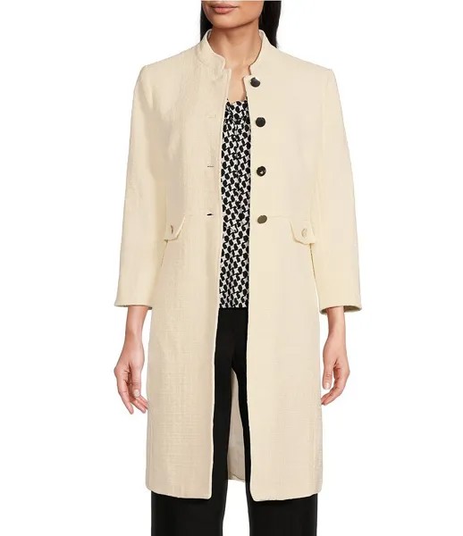 Твидовый пиджак-топпер Anne Klein с воротником-стойкой и рукавами 3/4, карманами и пуговицами спереди, слоновая кость