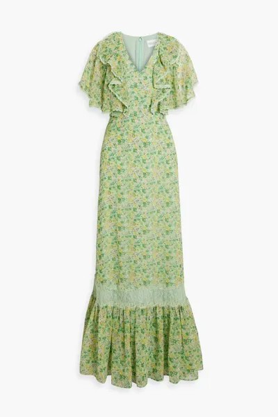 Шифоновое платье макси с кружевной отделкой и оборками с цветочным принтом Mikael Aghal, светло-зеленый