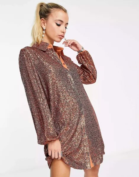 Ржавое мини-платье-рубашка с металлизированным блеском и воланами London Flounce London