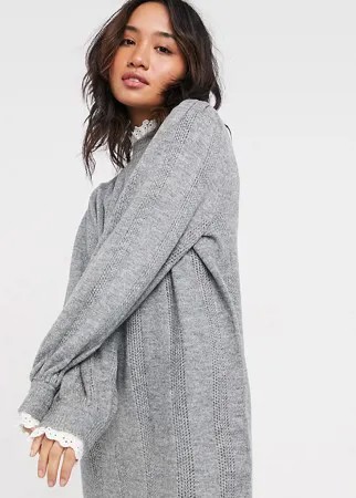 Серое вязаное платье с кружевной отделкой ASOS DESIGN Petite-Серый