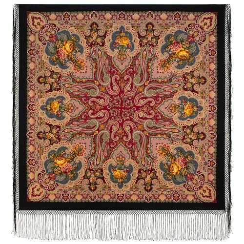 Платок Павловопосадская платочная мануфактура,148х148 см, коричневый, бордовый
