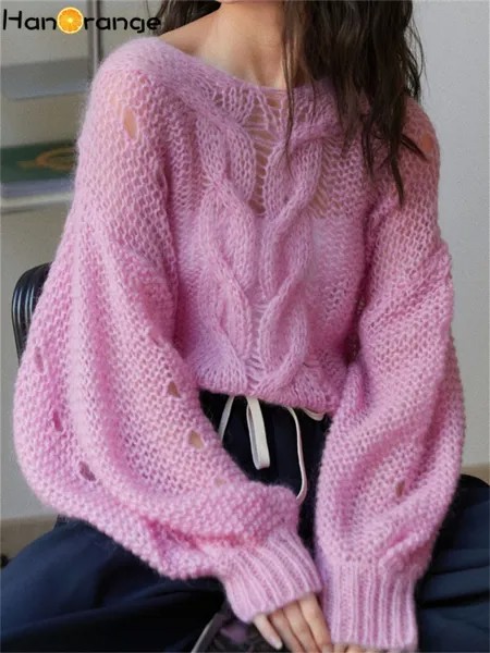 HanOrange 2022 осенний свитер из мохера с v-образным вырезом, женский свободный трикотажный пуловер, розовый/коричневый/Абрикосовый