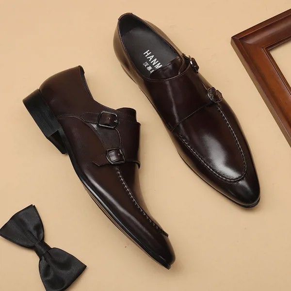 Мужские туфли-оксфорды ручной работы, заостренный носок, двойная Пряжка, монах, ремешок, формальные, натуральная кожа, классические туфли по...