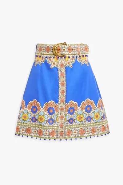 Мини-юбка из твила из хлопка и шелка с декорированным принтом Zimmermann, ярко-голубой