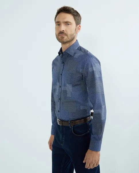 Мужская повседневная рубашка в стиле пэчворк с длинными рукавами и принтом Mirto, темно-синий