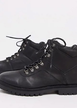 Кожаные походные ботинки черного цвета на шнуровке и массивной подошве для широкой стопы Silver Street-Черный