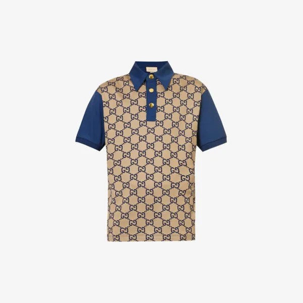 Рубашка-поло из шелка и хлопка с контрастной отделкой Monogram Gucci, синий