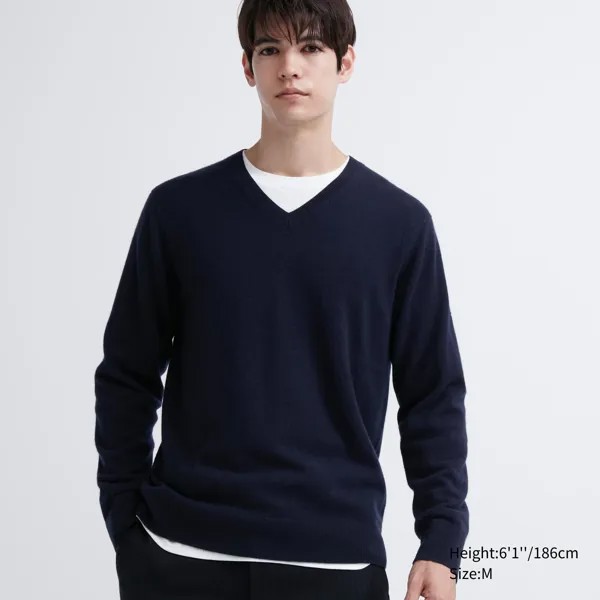 Джемпер Uniqlo мужской с v-образным вырезом из кашемира, темно-синий