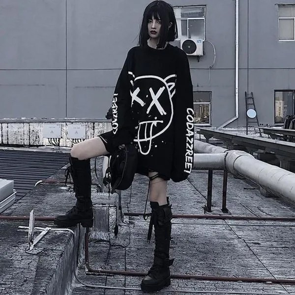 Готическая футболка Harajuku Женщины Корейская мода Черный Длинный рукав Хип-хоп Панк Уличная одежда Осень Mall Goth Топы Женский тройник