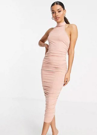 Нежно-розовое платье миди со сборками и горловиной-борцовкой ASOS DESIGN Petite-Розовый цвет