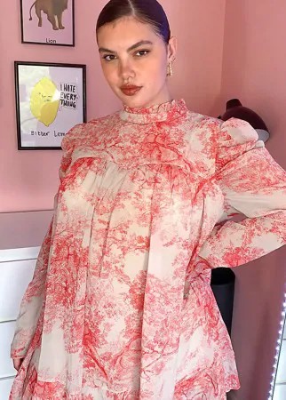 Платье с розовым принтом и объемными рукавами In The Style Plus x Lorna Luxe-Многоцветный