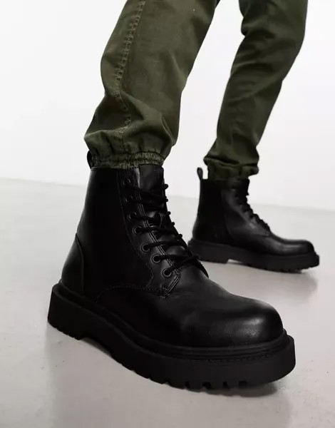 Черные ботинки в стиле милитари Pull&Bear со шнуровкой и толстой подошвой