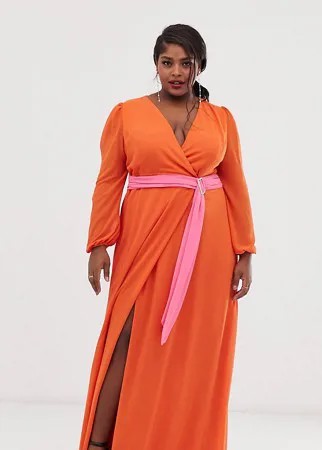 Оранжевое платье макси с запахом и контрастным поясом TFNC Plus-Оранжевый