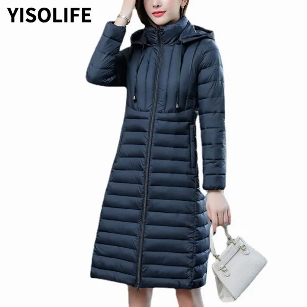 Зимняя Корейская новая женская одежда тонкие и легкие длинные тонкие простые изящные сохраняющие тепло пальто с капюшоном и куртки пуховик...