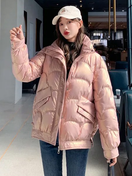 Milanoo Short Puffer Coats For Women Pink Zipper Turndown Collar Long Sleeves Casual Normal Winter C