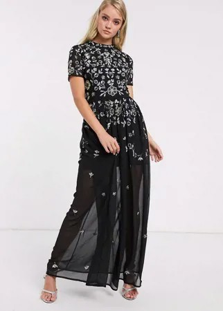 Платье макси с шифоновой юбкой и декоративной отделкой Frock & Frill-Черный