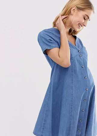 Чайное джинсовое платье мини на пуговицах ASOS DESIGN Maternity-Синий