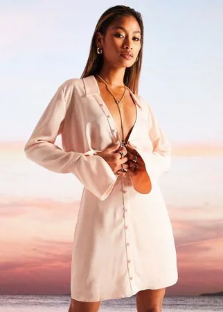 Светло-розовое атласное платье-рубашка мини с расклешенными манжетами ASOS DESIGN-Розовый цвет