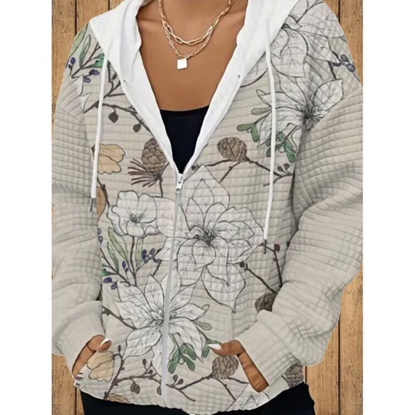 Женская куртка-толстовка с карманом и капюшоном в стиле ретро с цветочным принтом