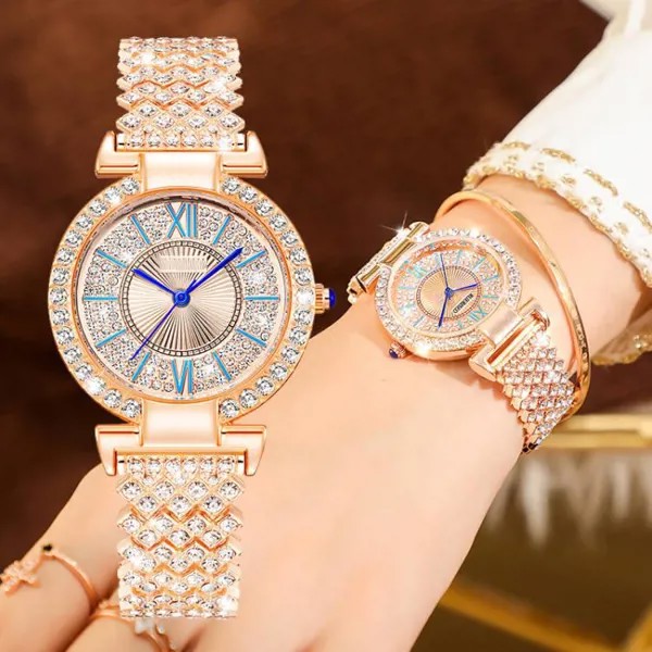 Роскошные женщины Горный хрусталь Круглые часы Мода Дамы Кварцевые наручные часы Элегантные женские стальные часы Часы Деловой стиль Аксессуары Подарки