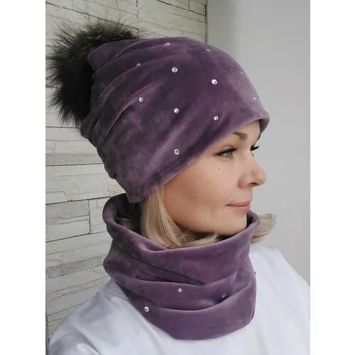 Комплект бини  Комплект головной убор + аксессуар, размер 57-58 см, лиловый